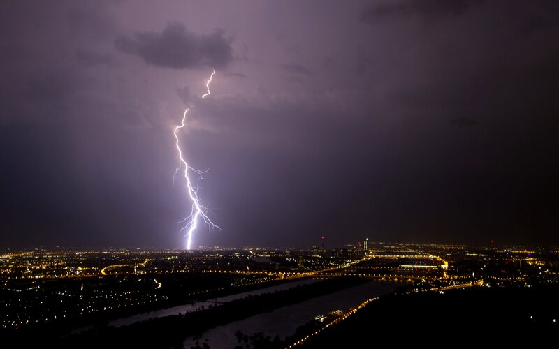Lightning Strike over City — Purple, Dramatic, Night, Photograph