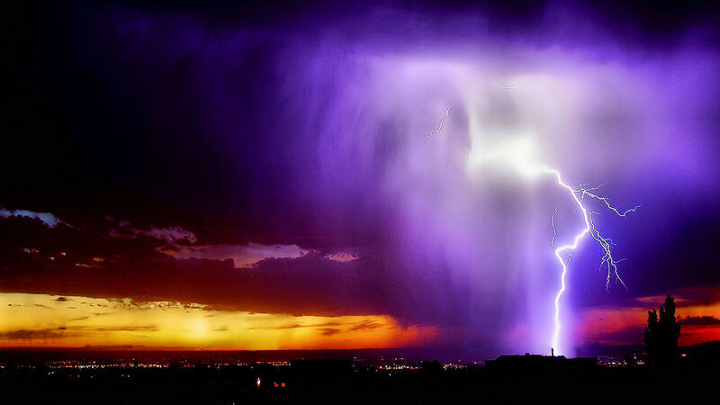 Lightning Strike over City — Purple, Dramatic, Night