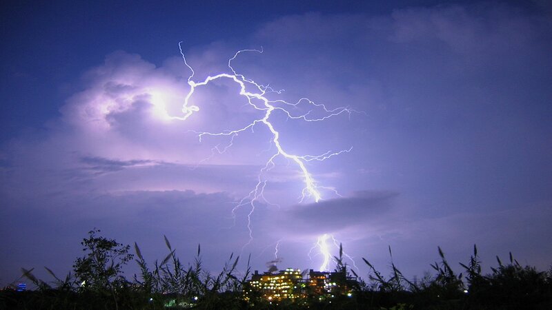 Lightning Strike over City — Purple, Dramatic
