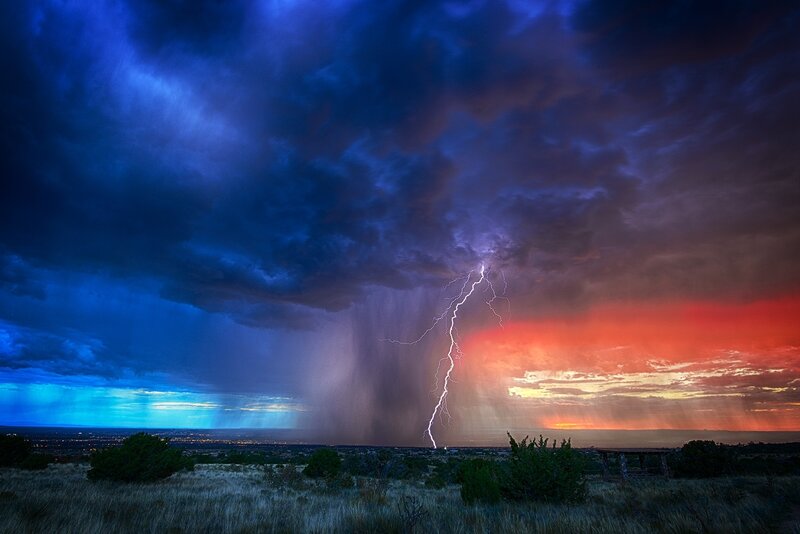 Lightning Strike over Field — Blue, Dramatic, Sunset