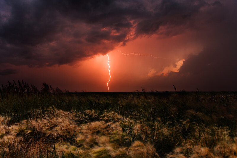 Lightning Strike over Field — Red, Dramatic