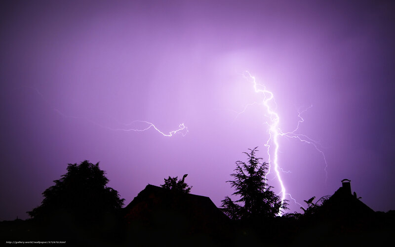 Lightning Strike over Houses — Purple, Dramatic, Night