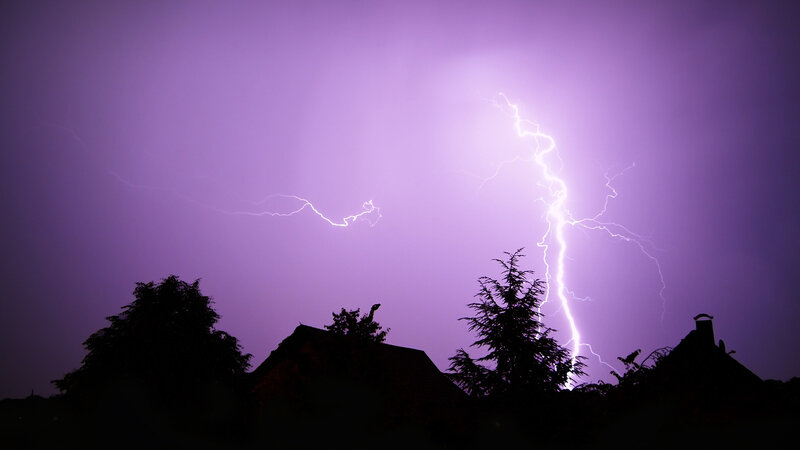 Lightning Strike over Houses — Purple, Dramatic