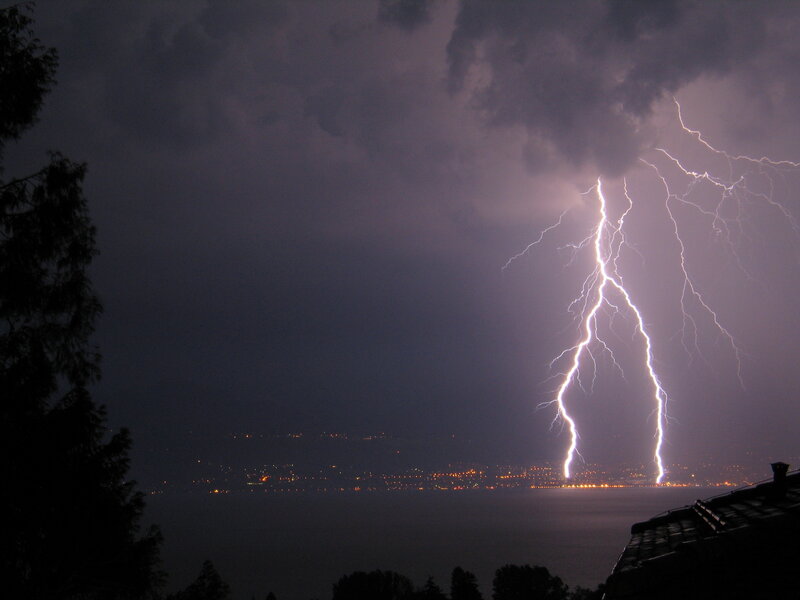 Lightning strike over lake