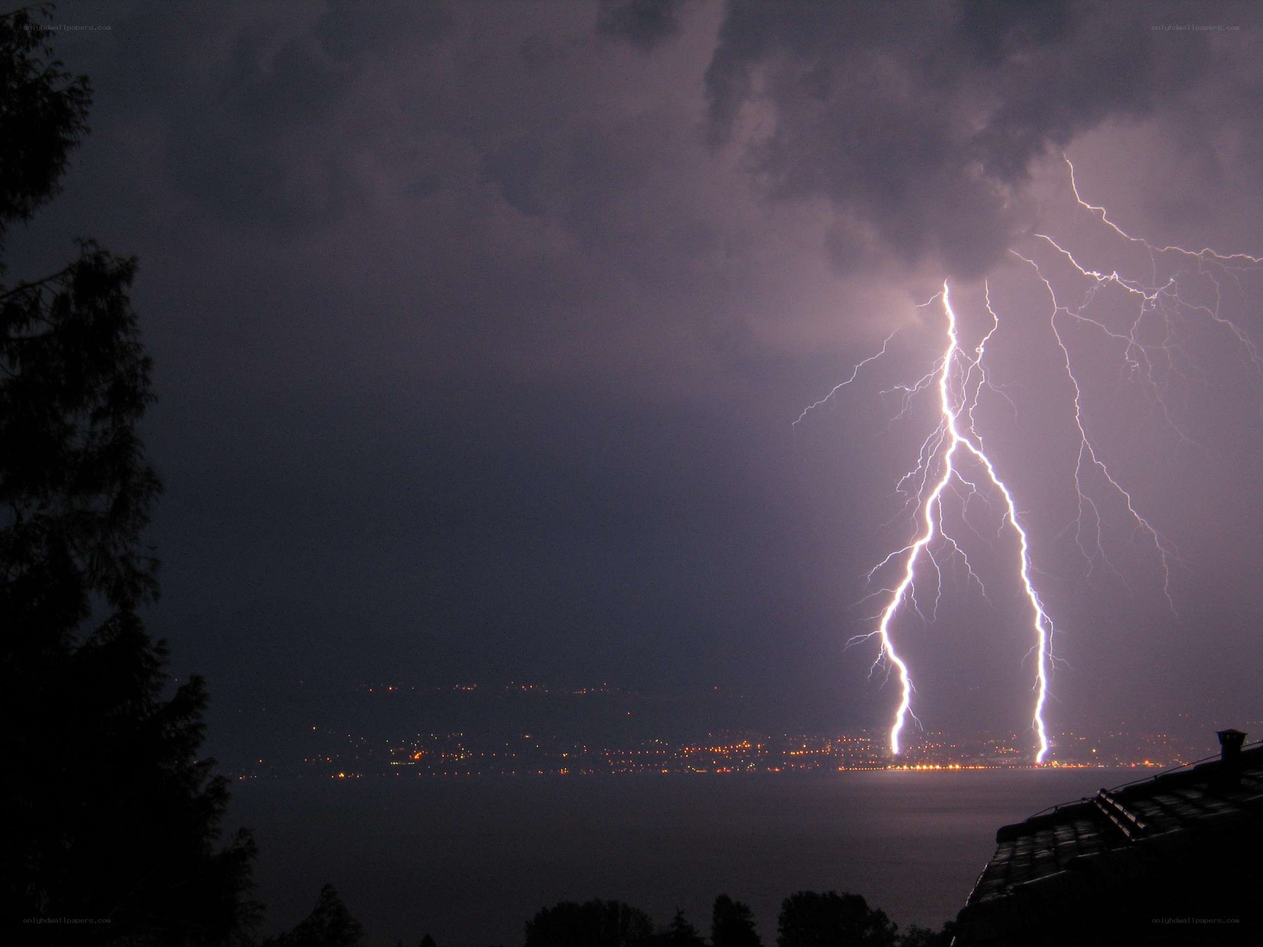Lightning strike over lake