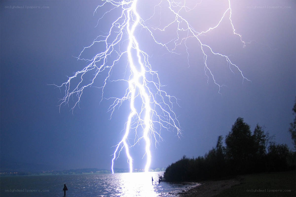 Lightning strike over lake
