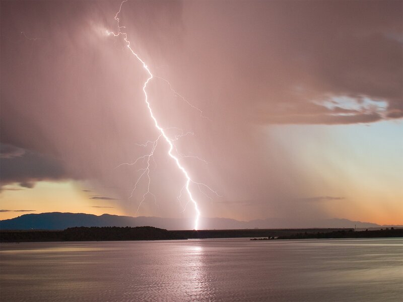 Lightning Strike over Lake — Purple, Dramatic, Sunset, Photograph, Mountains, Clouds, Water