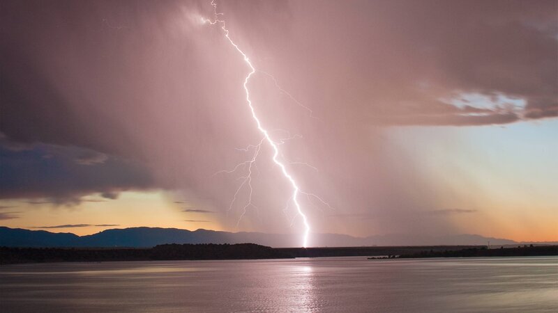 Lightning Strike over Lake — Purple, Dramatic