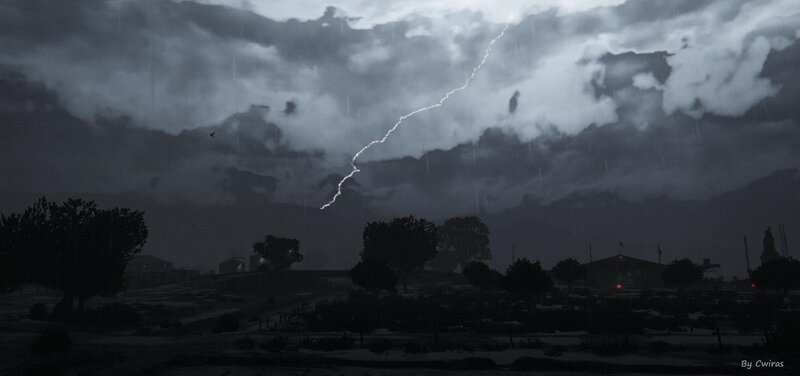 Lightning Strike over Landscape — Gray, Dark, Dramatic