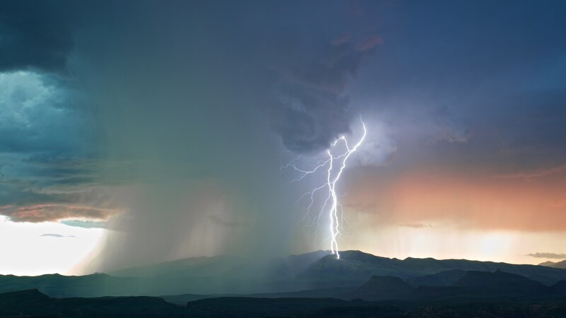 Lightning Strike over Mountains — Blue, Dramatic, Sunset
