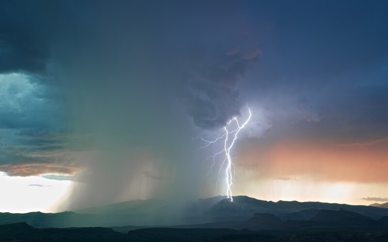 Lightning Strike over Mountains — Blue, Dramatic