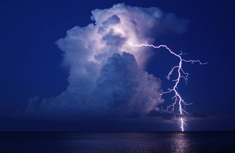 Lightning Strike over Ocean — Blue