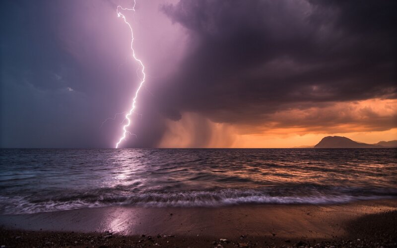 Lightning Strike over Ocean — Purple, Dramatic, Sunset