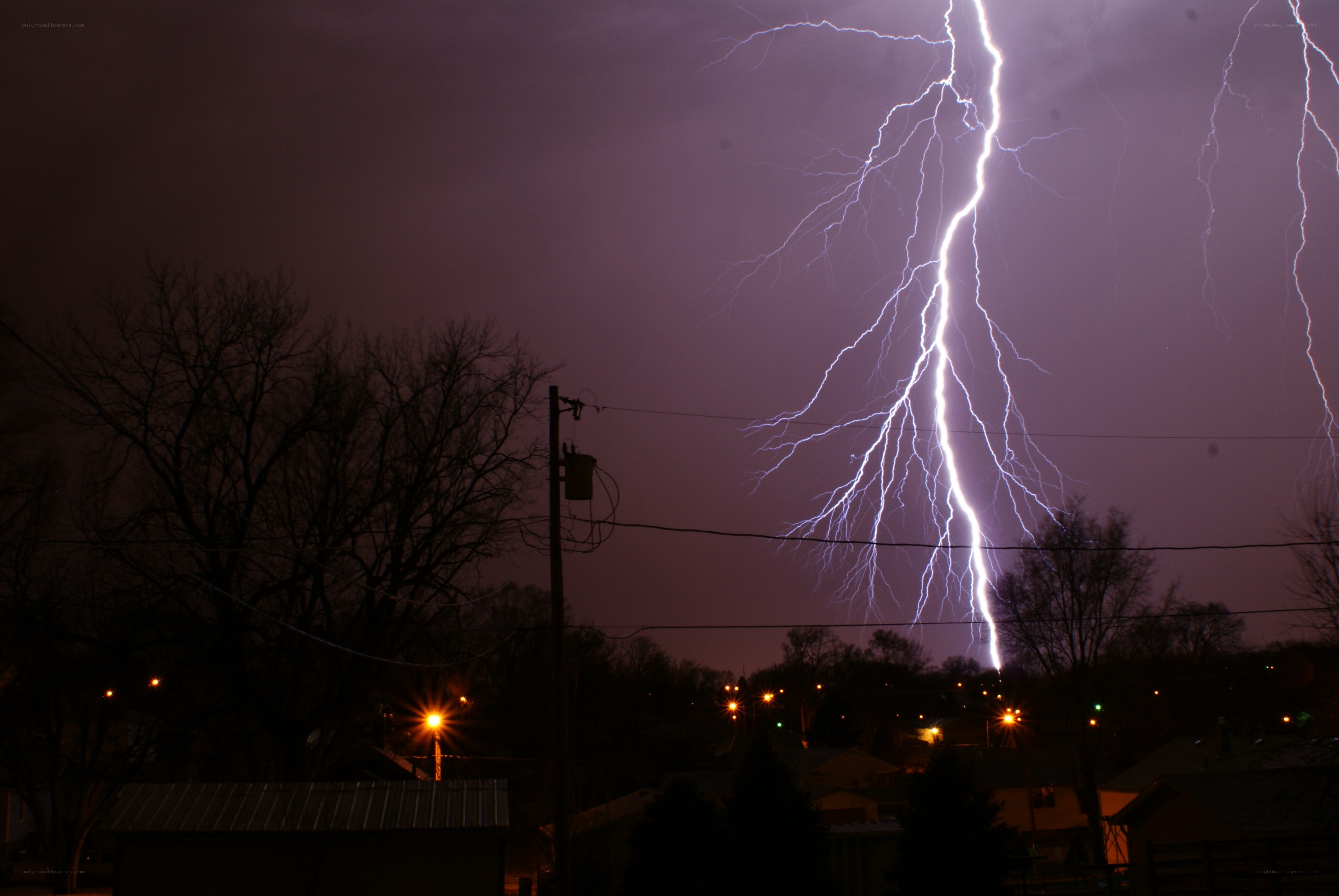 Lightning strike over residential area