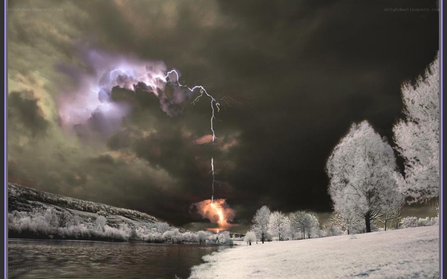 Lightning strike over snowy landscape