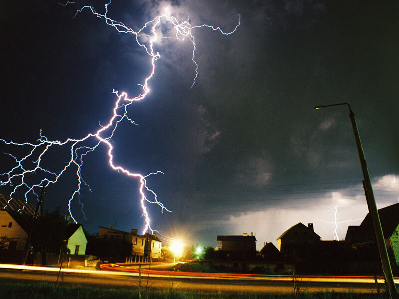 Lightning Strike over Town — Black, Dramatic