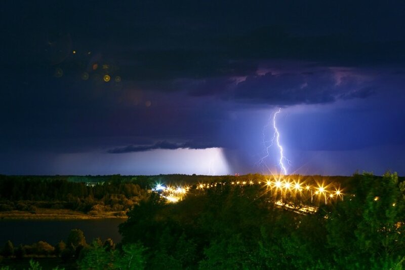 Lightning Strike over Town — Blue, Dramatic, Night