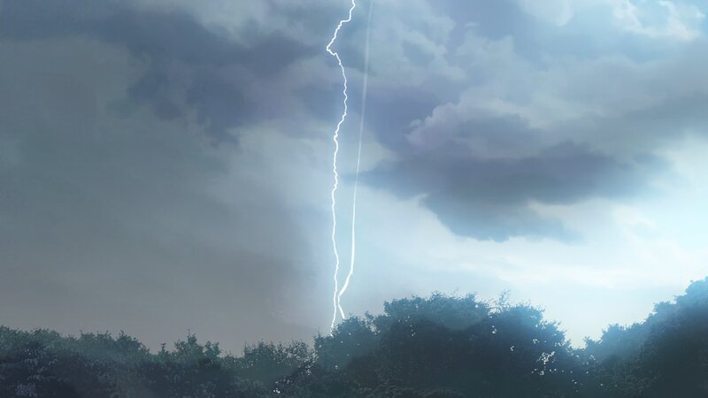 Lightning Strike over Trees — Gray, Dramatic