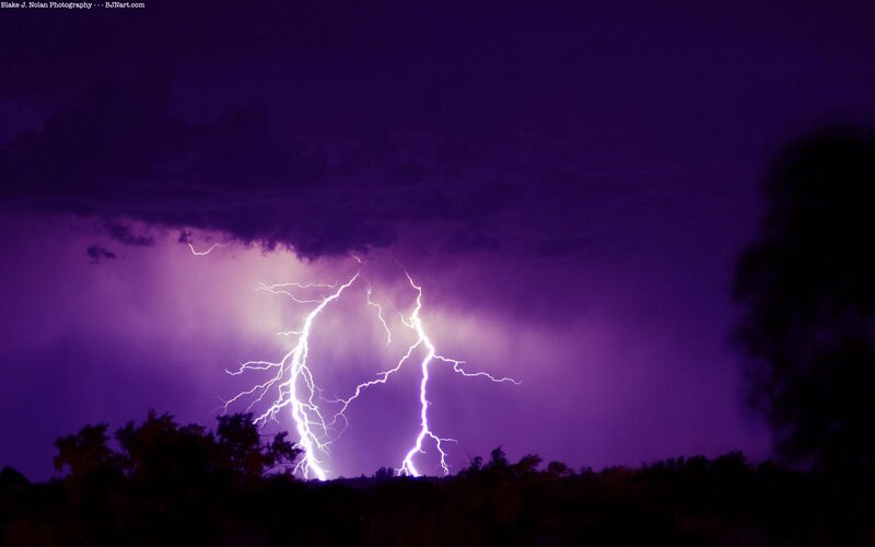 Lightning Strike over Trees — Purple, Dramatic, Night, Photograph, Clouds, Black, White