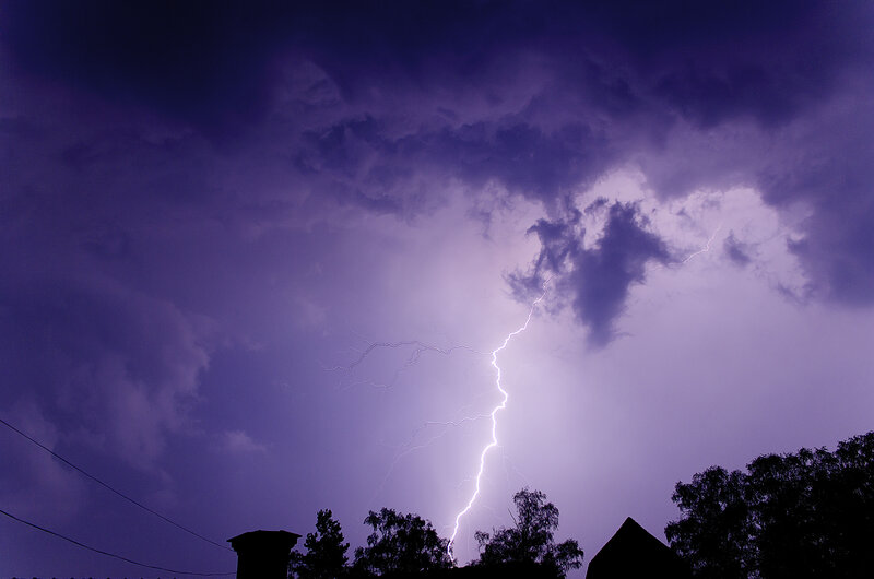 Lightning Strike over Trees — Purple, Dramatic, Night, Photograph, Clouds, Chimney