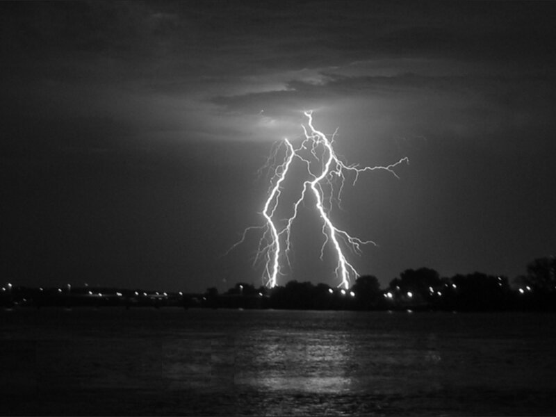 Lightning Strike over Water — Black, Dramatic, Night, Photograph, Clouds, Trees