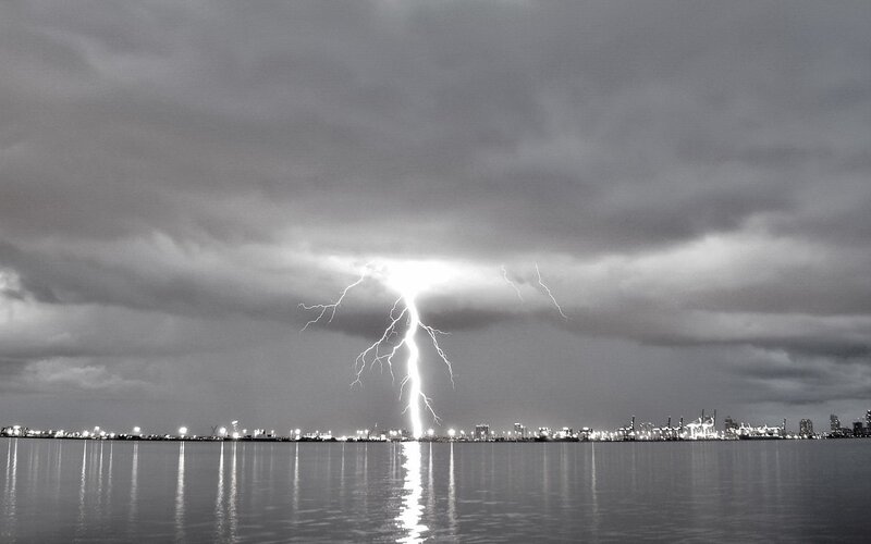 Lightning Strike over Water — Black, Dramatic, Night, Photograph