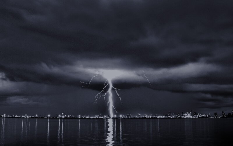 Lightning Strike over Water — Black, Dramatic, Night