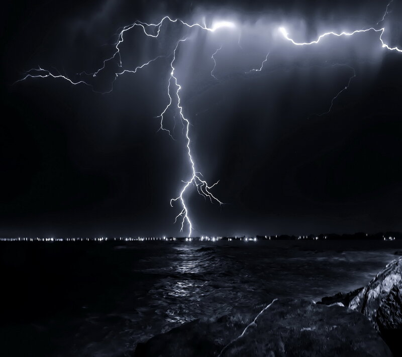 Lightning Strike over Water — Black, Dramatic