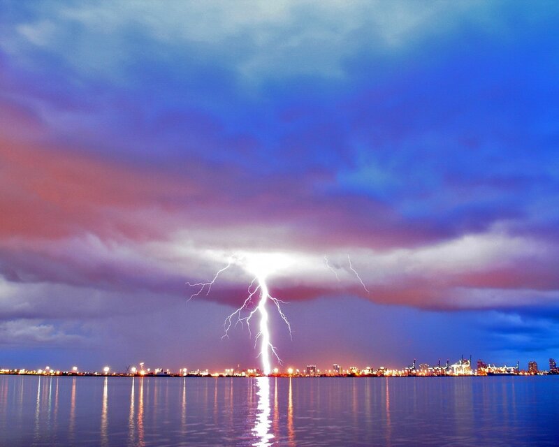 Lightning Strike over Water — Blue, Dramatic, Night, Photograph, City Skyline, Clouds, Purple, White