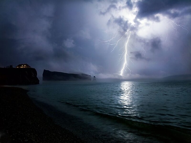 Lightning Strike over Water — Blue, Dramatic, Night, Photograph, Cliffs