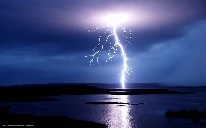 Lightning Strike over Water — Blue, Dramatic, Night, Photograph