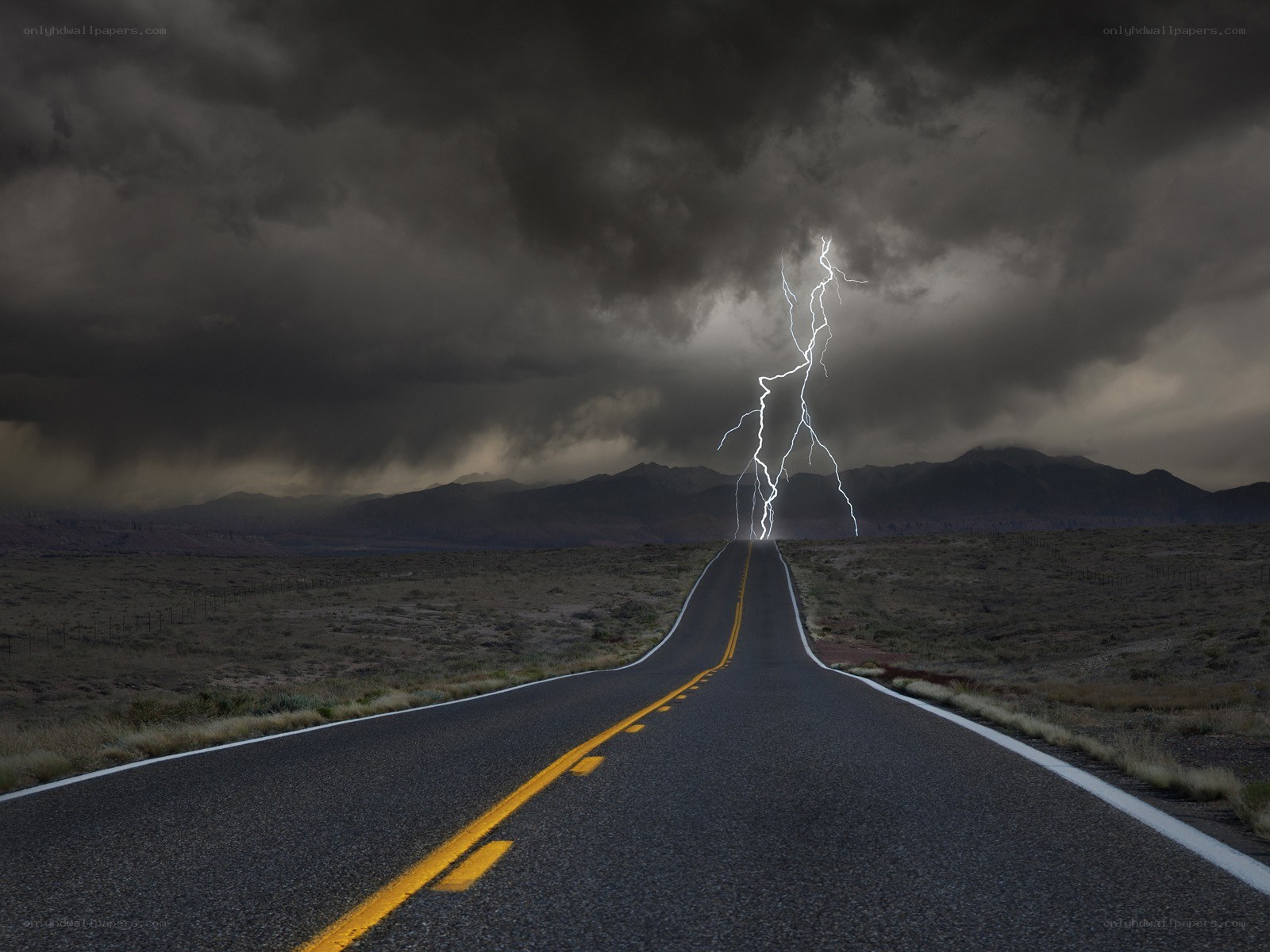 Lightning strikes a desert road