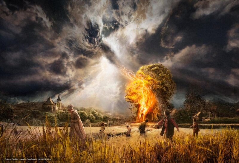 Lightning strikes burning tree