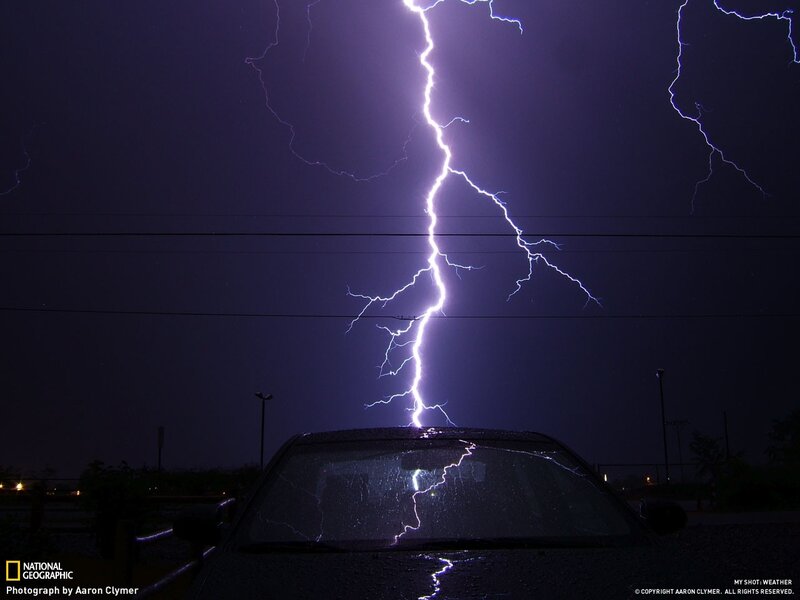 Lightning strikes car windshield