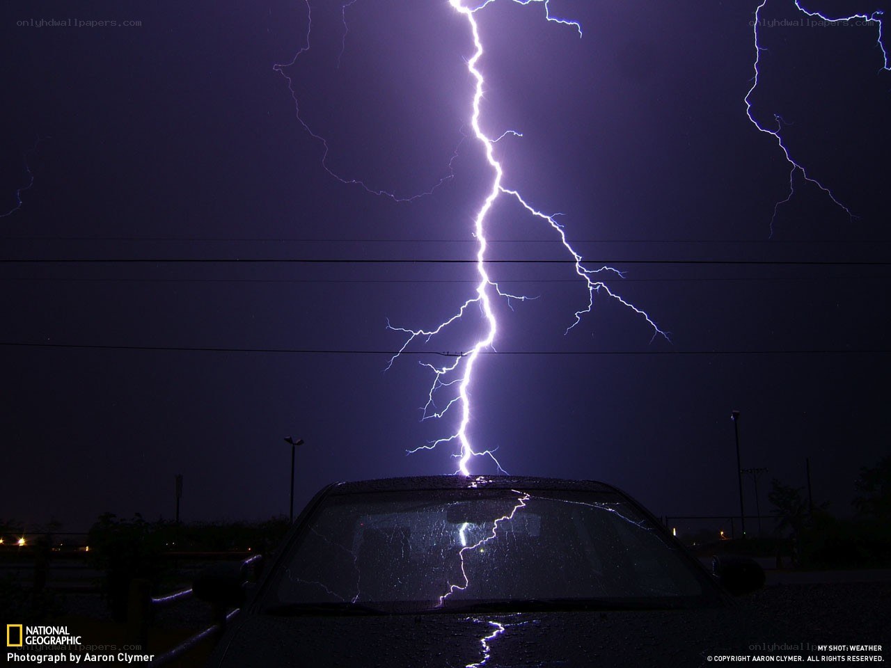 Lightning strikes car windshield