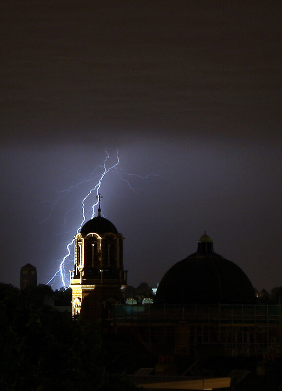 Lightning strikes church tower