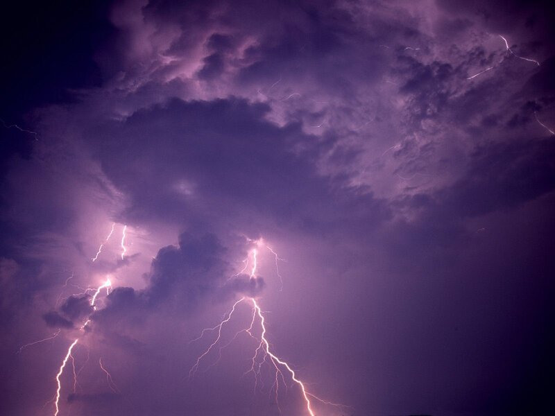 Lightning Strikes in Storm — Purple, Dramatic, Night, Photograph, Clouds