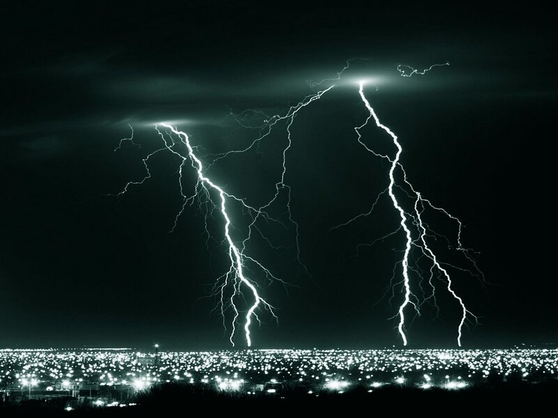 Lightning Strikes over City — Black, Dramatic