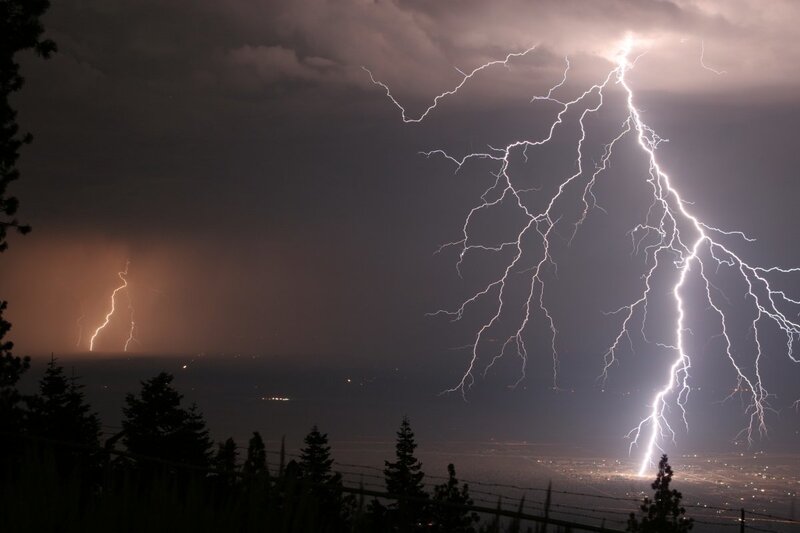 Lightning Strikes over City — Gray, Dramatic