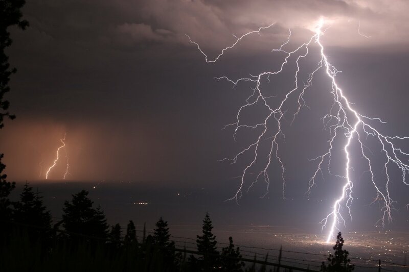 Lightning Strikes over City — Gray