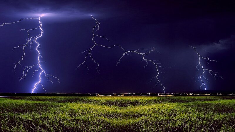 Lightning Strikes over Field — Green