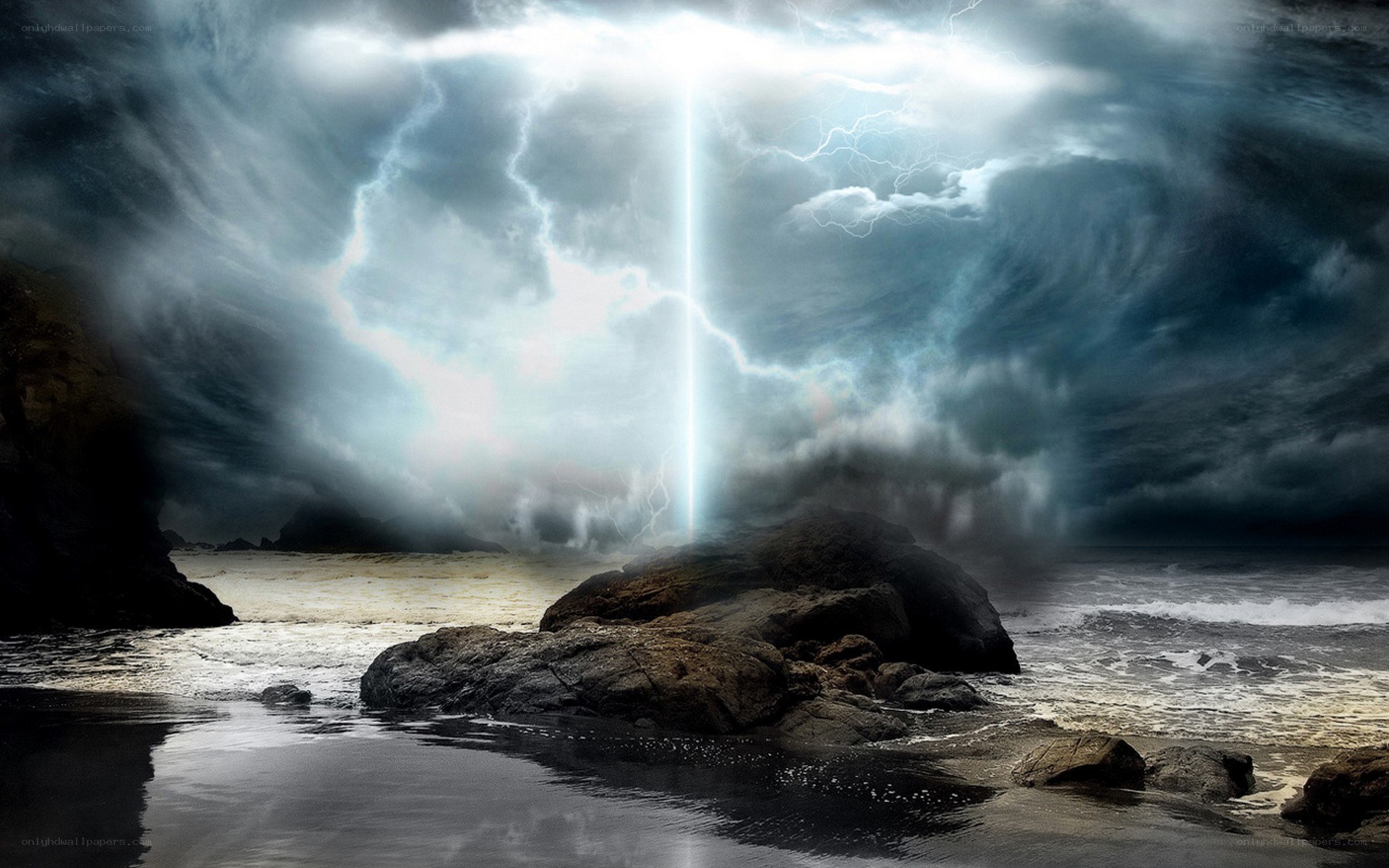 Lightning strikes rocky shore
