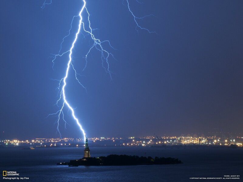 Lightning strikes Statue of Liberty