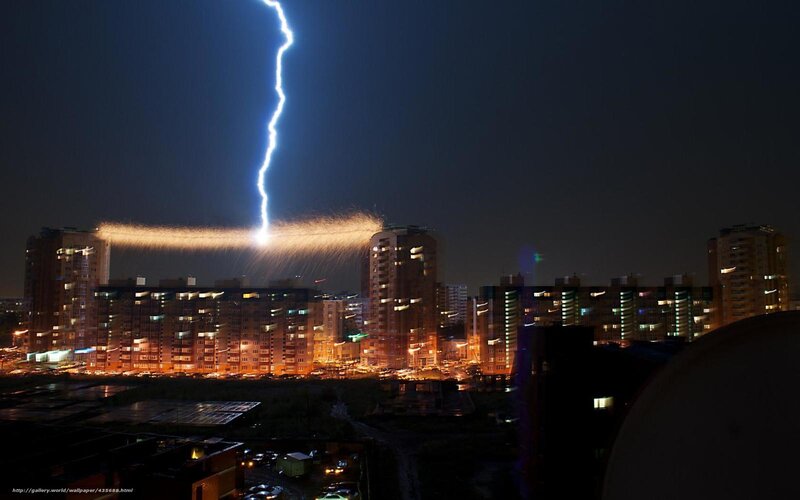 Lightning Striking Building — Blue, Dramatic