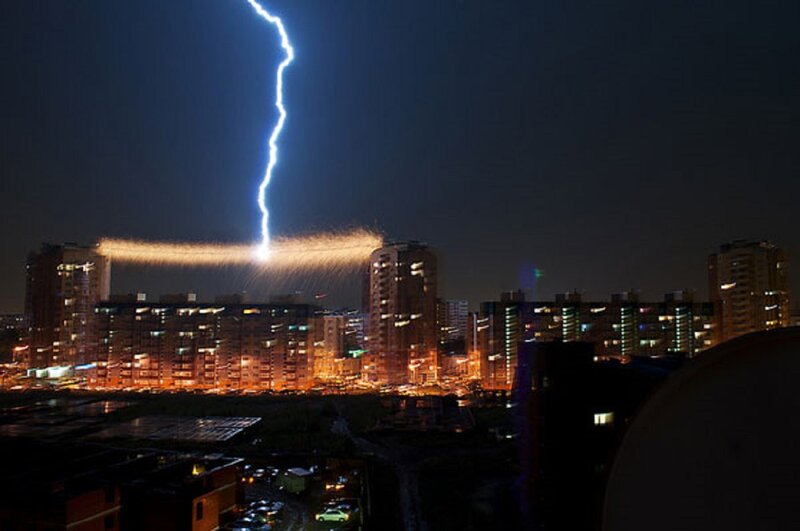 Lightning Striking Building — Blue