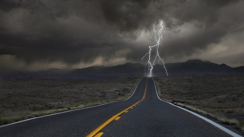 Lightning Striking Road — Gray