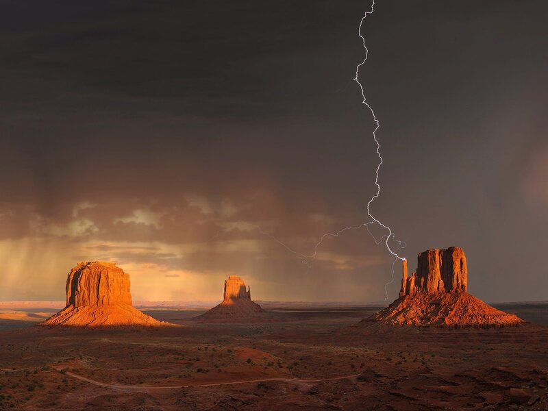 Lightning Striking Rock Formations — Orange, Dramatic, Sunset, Photograph