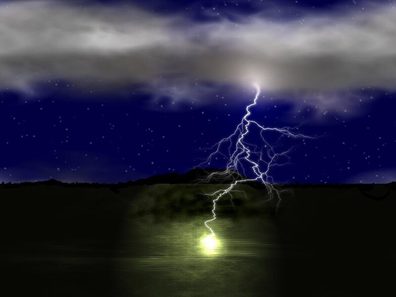 Lightning Striking Water — Blue, Dramatic, Night, Digital Art