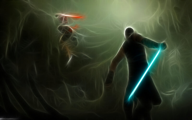 Lightsaber duel in mist