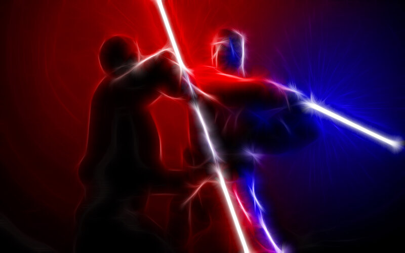 Lightsaber duel in red and blue
